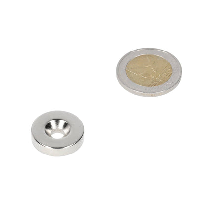 Neodymium Ringmagneet Ø20 x Ø9,8 x 5 mm N35 NiCuNi met boor-/verzinkgat Zuidpool - Magnetenspecialist Import & Export B.V.
