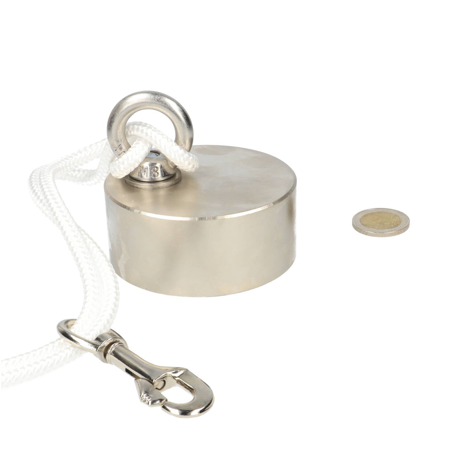 Neodymium Vismagneet Ø80 x 35 mm 400 kg Trekkracht NiCuNi – Set met 25 m Touw, Oogmoer, Bout en Musketon - Magnetenspecialist Import & Export B.V.